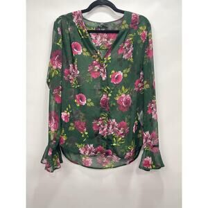 KUT From The Kloth Silvy Blouse Womens Medium Green Pink Floral Ruffles Coquette